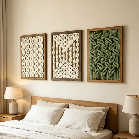 Peinture Décorative en Macramé de Coton Tissé à la Main Bohème Nordique Cadre en Bois Suspension Murale Support de Table Ornement d'Art pour la Maison