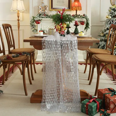 Christmas Table Runner Mesh Lace White Silver Stamped Christmas Tree Snowflake Pattern Holiday Dining Room Decoration Tablecloth Overlay Cover