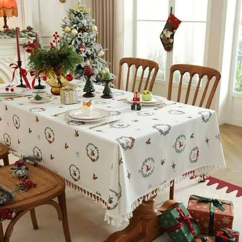 Nordische Weihnachten Polyester-Baumwoll-Mischung Rechteckige Tischdecke Bedruckt Weihnachtsbaum Kranz Muster Stoff Tischdecke Mit Quasten Kanten Für Esszimmer Urlaub Home Decor Party Tischdecke