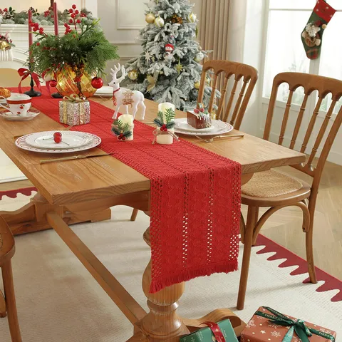 American Christmas Cotton Jute Woven Table Runner Festive Red Striped Argyle Tassel Placemat Cabinet Home Decor Tapestry