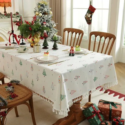 Nordische Weihnachten Polyester-Baumwoll-Mischung Rechteckige Tischdecke Bedruckt Weihnachtsbaum Kranz Muster Stoff Tischdecke Mit Quasten Kanten Für Esszimmer Urlaub Home Decor Party Tischdecke