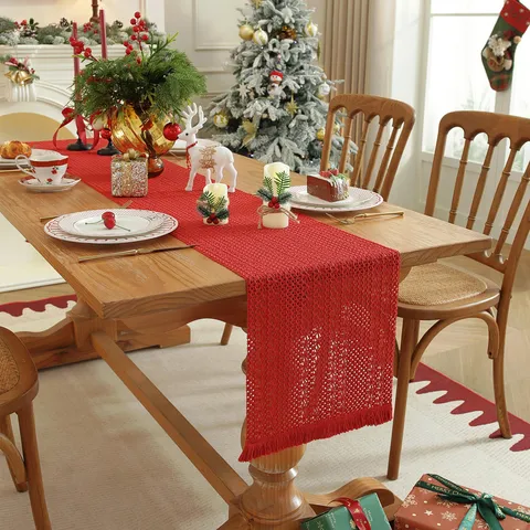 American Christmas Cotton Jute Woven Table Runner Festive Red Striped Argyle Tassel Placemat Cabinet Home Decor Tapestry