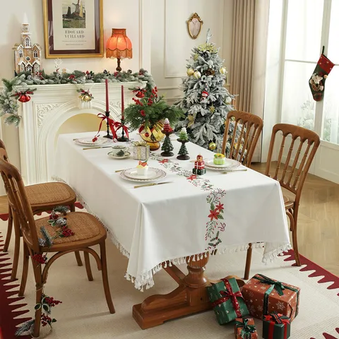 Embroidered Christmas Tablecloth Rectangular Polyester Table Cover With Tassels Festive Holiday Dining Room Kitchen Home Decor