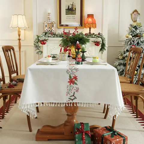 Embroidered Christmas Tablecloth Rectangular Polyester Table Cover With Tassels Festive Holiday Dining Room Kitchen Home Decor
