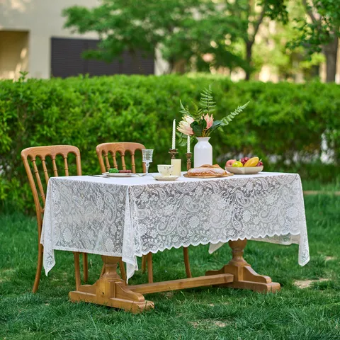 French Pastoral Lace Tablecloth Floral Hollow Out Scalloped Edge Rectangular Table Cloth For Wedding Party Home Decor