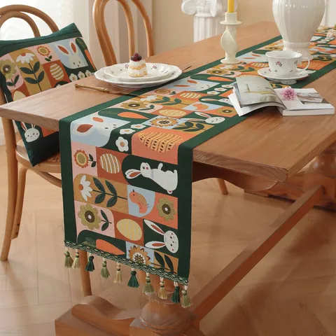 Easter Table Runner Polyester Yarn-Dyed Jacquard Rabbit Carrot Egg Pattern With Tassels Home Dining Table Decoration