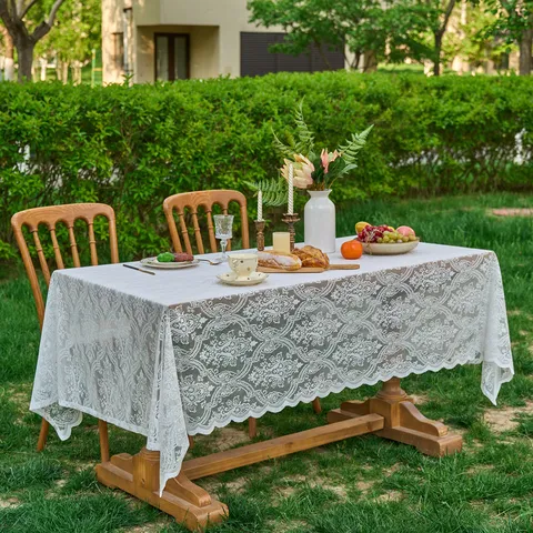 French Pastoral Lace Tablecloth Floral Hollow Out Scalloped Edge Rectangular Table Cloth For Wedding Party Home Decor