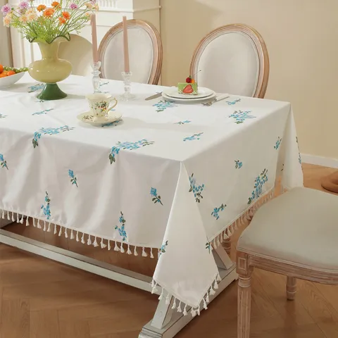 Light Luxury Pure Cotton Embroidered Tablecloth Floral Botanical Tassel Waterproof Dining Table Cover Coffee Table Cloth