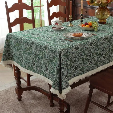 Nappe Rectangulaire en Jacquard Paisley Motif Botanique et Fleurs avec Glands en Polyester Coton Vintage Américain
