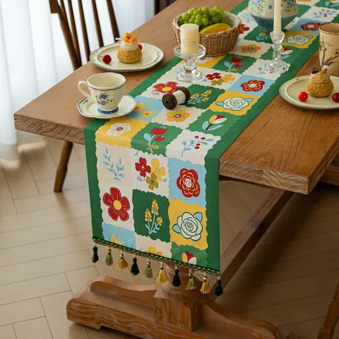 Camino de Mesa de Poliéster Moderno Minimalista Patrón Floral de Primavera con Borlas para Comedor Salón Decoración