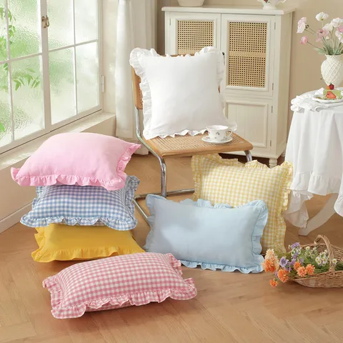 French Pastoral Ruffle Lattice Solid Color Plaid Throw Pillow Cover Cotton Decorative Pillowcase For Sofa Bed