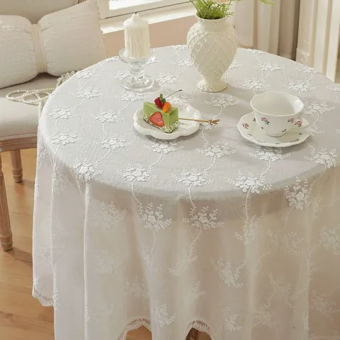 Nappe en Dentelle Style Français Pur Coton Broderie Blanche Volant Nappe de Mariage Décoration Intérieure Housse de Table à Manger