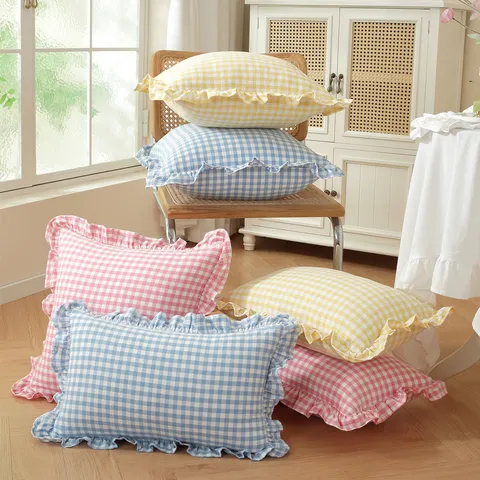 French Pastoral Ruffle Lattice Solid Color Plaid Throw Pillow Cover Cotton Decorative Pillowcase For Sofa Bed