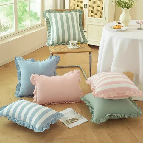 Französischer Stil Rüsche Baumwolle Zierkissenbezug Einzigartig Gestreift Kissenbezug Für Sofa Bettseite Heimdekoration
