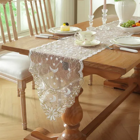 White and Gold Star Moon Lace Table Runner Embroidered Wave Edge Tablecloth Cover Home Dining Room Table Decoration