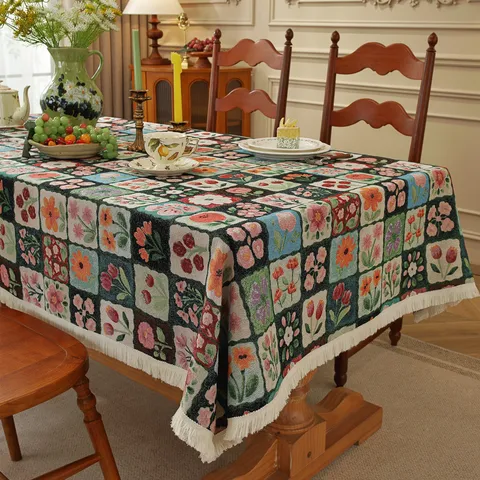 American Vintage Style Woven Jacquard Botanical Floral Tablecloth Rectangle Dining Table Cover With Tassel Fringe Home Decor