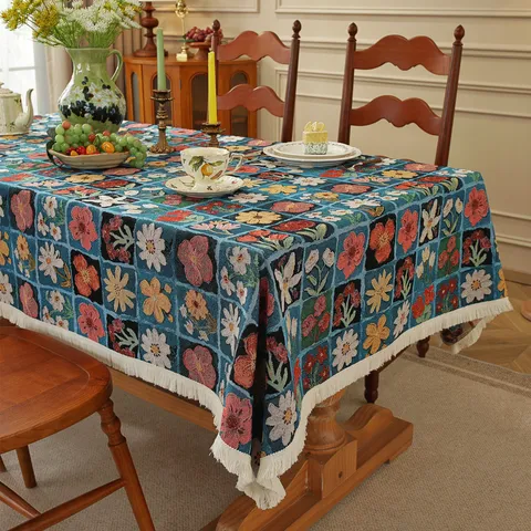 American Vintage Style Woven Jacquard Botanical Floral Tablecloth Rectangle Dining Table Cover With Tassel Fringe Home Decor