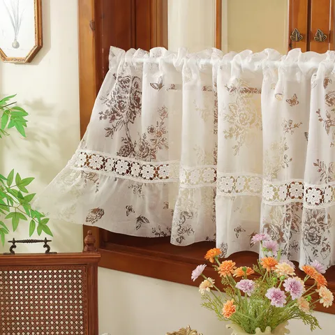 Cortina Corta de Encaje Empalmada Jacquard Vintage Francés para Ventana de Cocina y Puerta