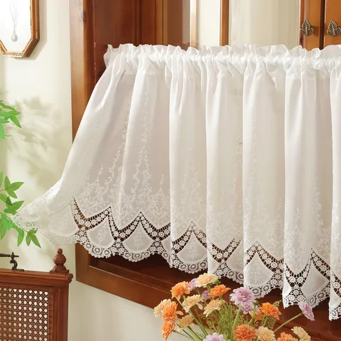 French Style White Hollow Embroidered Lace Short Curtain Country Vintage Kitchen Window Valance