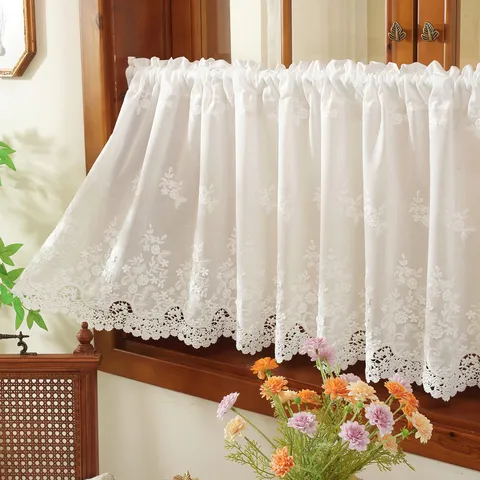 French Style White Hollow Embroidered Lace Short Curtain Country Vintage Kitchen Window Valance