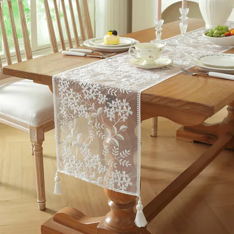 Modern Minimalist White Lace Embroidery Table Runner Floral Geometric Tassels Wedding Home Decor Tablecloth Cover