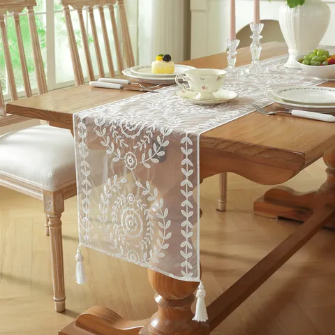 Modern Minimalist White Lace Embroidery Table Runner Floral Geometric Tassels Wedding Home Decor Tablecloth Cover