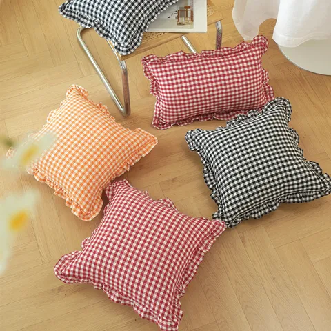French Country Style Cotton Pillow Cover Ruffled Plaid Solid Color Decorative Throw Pillowcase For Sofa Bed Home Decor