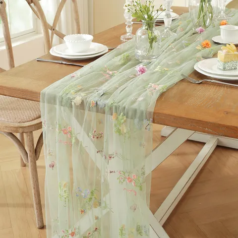 Lace Table Runner Vintage Colorful Floral Embroidered Tablecloth Sheer Mesh Table Cover For Wedding Party Home Dining Room Decor