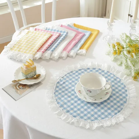 French Style Cotton Placemat With Lace Trim Solid Color Plaid Table Cloth Dining Table Decor Kitchen Accessories