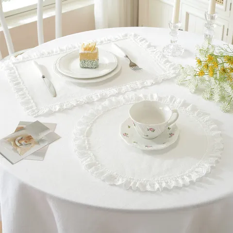 French Style Cotton Placemat With Lace Trim Solid Color Plaid Table Cloth Dining Table Decor Kitchen Accessories