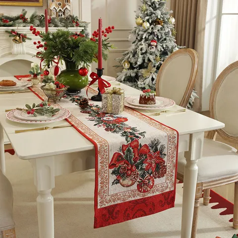 Weihnachtstischläufer Garngefärbter Jacquard Polyester-Baumwolle Festliche Feiertag Esstisch Dekoration Rotes Band Design