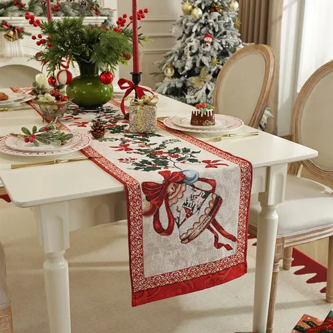 Weihnachtstischläufer Garngefärbter Jacquard Polyester-Baumwolle Festliche Feiertag Esstisch Dekoration Rotes Band Design