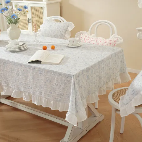 Mantel Rectangular Estampado Jacquard de Algodón Estilo Francés Día de San Valentín Lazo Volante Borla Cubierta de Mesa de Centro Cocina Comedor