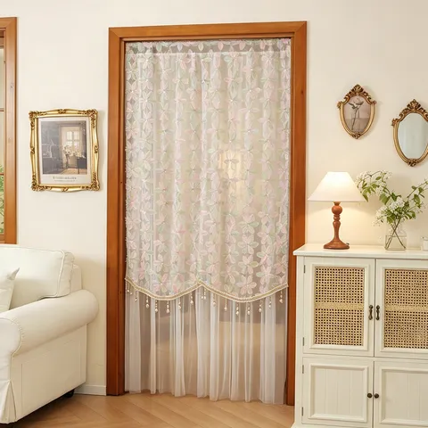 French Style Embroidered Floral Lace Double Layer Beaded Jacquard Door Curtain Dustproof Partition Window Curtain