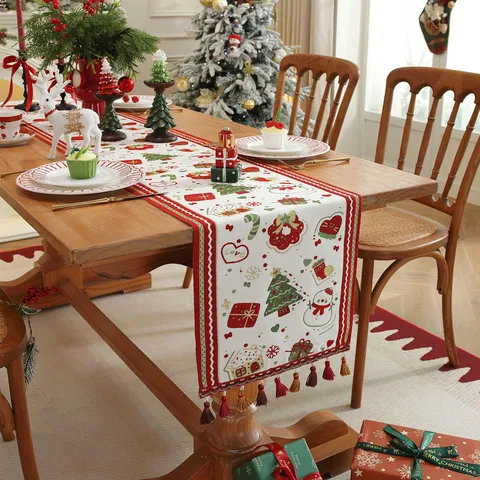 Runner da Tavola di Natale Jacquard Tinto in Filato Tovaglia Con Nappe Decorazione per Tavolo da Pranzo di Casa Stagione Festiva Copertura in Poliestere