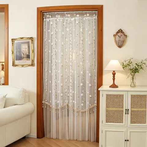 French Style Embroidered Floral Lace Double Layer Beaded Jacquard Door Curtain Dustproof Partition Window Curtain