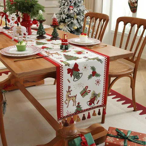 Runner da Tavola di Natale Jacquard Tinto in Filato Tovaglia Con Nappe Decorazione per Tavolo da Pranzo di Casa Stagione Festiva Copertura in Poliestere
