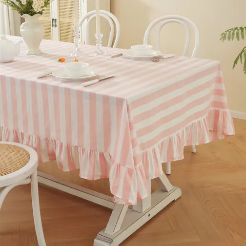 French Pastoral Style Striped Pure Cotton Washed Cotton Tablecloth Ruffled Edge Rectangular Dining Table Cover Home Decor