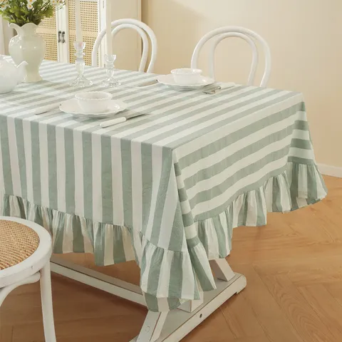 French Pastoral Style Striped Pure Cotton Washed Cotton Tablecloth Ruffled Edge Rectangular Dining Table Cover Home Decor