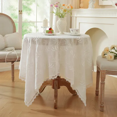 Nappe en Dentelle Style Français Pur Coton Broderie Blanche Volant Nappe de Mariage Décoration Intérieure Housse de Table à Manger