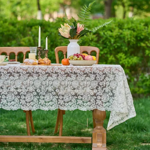 French Style White Lace Embroidered Rectangular Table Cloth Cover Wedding Party Home Decor Photography Background