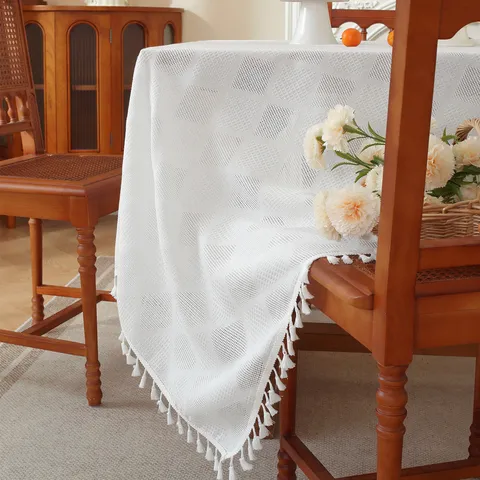 Mantel de Poliéster Minimalista Color Sólido Cuadrícula Calada Cubierta de Mesa Con Borlas Para Comedor Mesa de Centro Decoración del Hogar