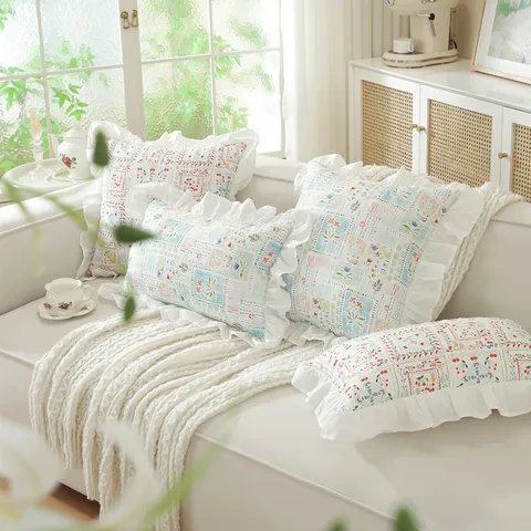French Style Ruffle Cotton Printed Pillow Cover Cute Bowknot Floral Cushion Cover For Sofa Bed Home Decor