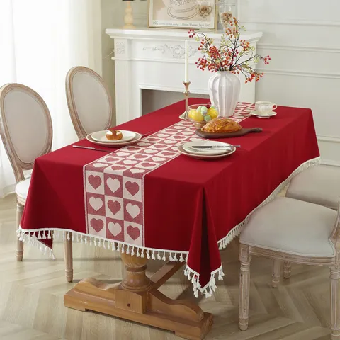 Nappe Jacquard de Mariage Rouge avec Gland Rétro Cœur Motif Géométrique Housse de Table Rectangulaire pour Dîner à la Maison Fête