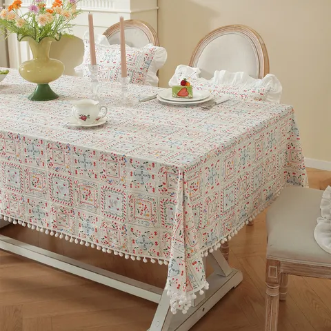 Mantel Rectangular Estampado Jacquard de Algodón Estilo Francés Día de San Valentín Lazo Volante Borla Cubierta de Mesa de Centro Cocina Comedor