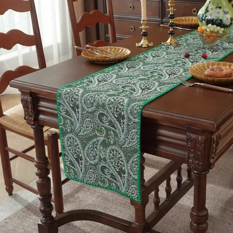 American Vintage Polyester Table Runner Scalloped Edge Yarn Dyed Jacquard Paisley Floral Home Dining Table Cabinet Scarf Tapestry