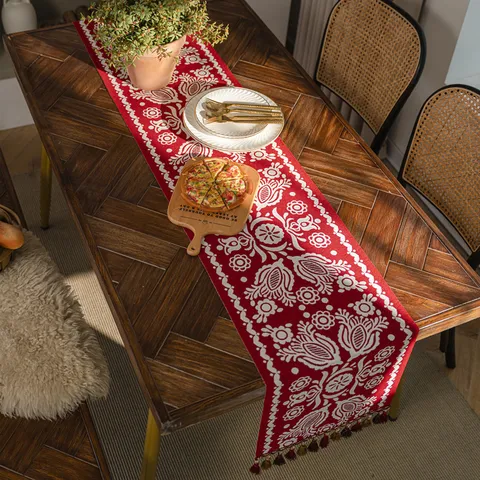 Modern Minimalist Polyester Printed Geometric Floral Table Runner Festive Red Blue Jacquard Tablecloth Tassel Home Decor Cover