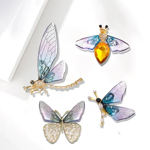 Luxurious Alloy Rhinestone Insect Brooch Niche Design Gold Dragonfly Butterfly Bee Plant Wheat Brooch Pin For Suit Coat Women Men Accessory