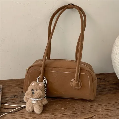 Rétro Minimaliste Cuir PU Boston Sac Femmes Épaule Sous Les Bras Sac Coutures Contrastées Sac À Main Décontracté Quotidien Avec Pendentif