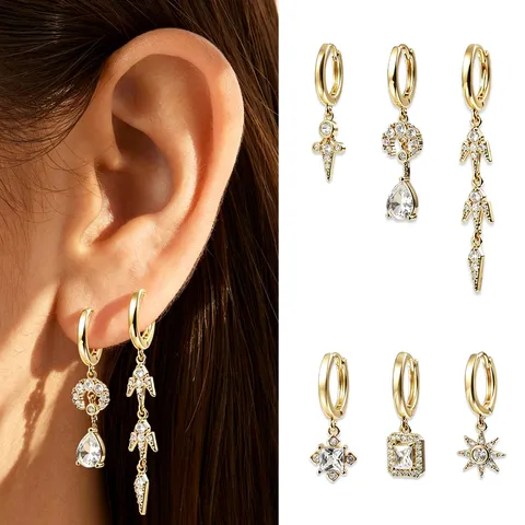 Messing Achttien Karaat Vergulde Geometrische Hanger Oorknopjes Set Voor Dames Zirconia Ingelegd Modieuze Sieraden Oorbellen Collectie
